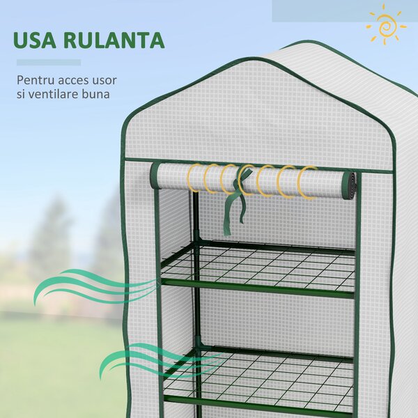 Outsunny Mini Seră pe 3 Nivele cu Acoperiș PE Întărit, Seră Portabilă cu Ușă Rulantă și Rafturi din Sârmă, 59x39x127 cm, Alb | Aosom Romania