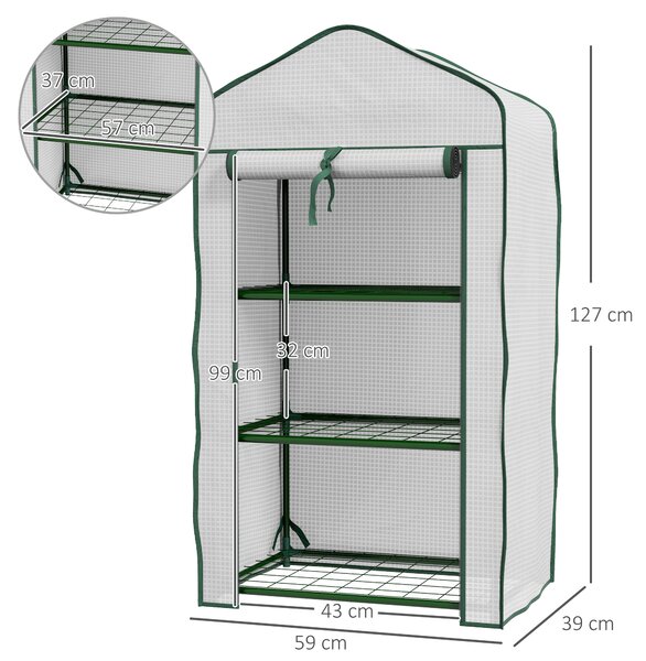 Outsunny Mini Seră pe 3 Nivele cu Acoperiș PE Întărit, Seră Portabilă cu Ușă Rulantă și Rafturi din Sârmă, 59x39x127 cm, Alb | Aosom Romania