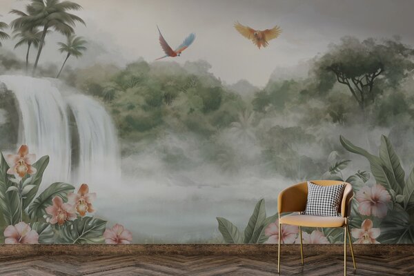 Tapet Peisaj tropical cu cascadă, iaz, flori și păsări, Fototapet Natură, w02127 : Uwalls.ro
