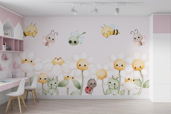Fototapet Grup de insecte de desene animate și flori, Populare fototapet, Populare fototapet, w02284 - Muralas.ro