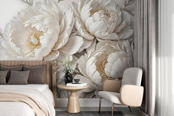 Tapet Delicate bujori albe pastelate cu frunze luxuriante pe un fundal moale, neutru, Fototapet Flori, Fototapet Flori Mari, w08420 : Uwalls.ro
