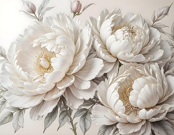 Tapet Delicate bujori albe pastelate cu frunze luxuriante pe un fundal moale, neutru, Fototapet Flori, Fototapet Flori Mari, w08420 : Uwalls.ro