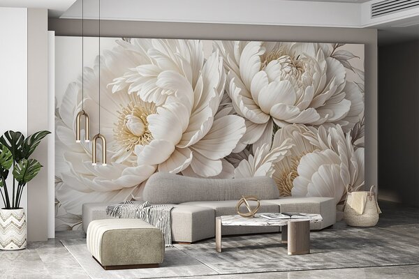 Tapet Delicate bujori albe pastelate cu frunze luxuriante pe un fundal moale, neutru, Fototapet Flori, Fototapet Flori Mari, w08420 : Uwalls.ro