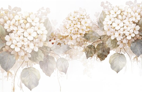 Tapet Flori albe delicate de hortensie cu frunze verzi moi pe un fundal deschis, Fototapet Flori, w08422 : Uwalls.ro