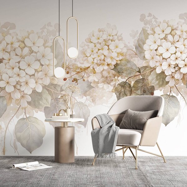 Tapet Flori albe delicate de hortensie cu frunze verzi moi pe un fundal deschis, Fototapet Flori, w08422 : Uwalls.ro