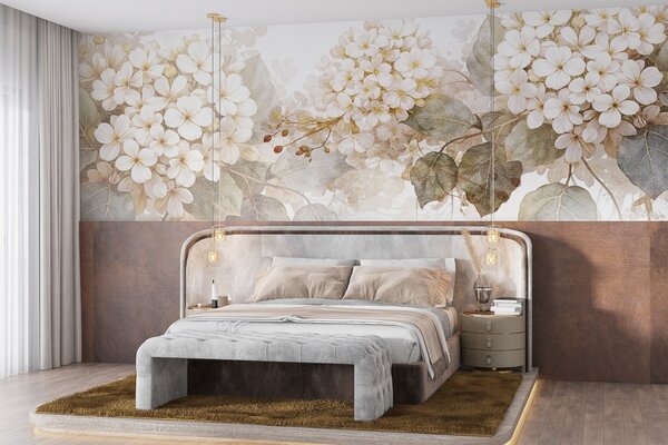 Tapet Flori albe delicate de hortensie cu frunze verzi moi pe un fundal deschis, Fototapet Flori, w08422 : Uwalls.ro