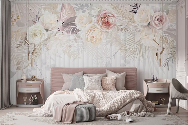 Tapet Un aranjament floral cu trandafiri roz și albi, frunze de palmier și alte frunze, Fototapet Flori, Fototapet Trandafiri, w08425 : Uwalls.ro