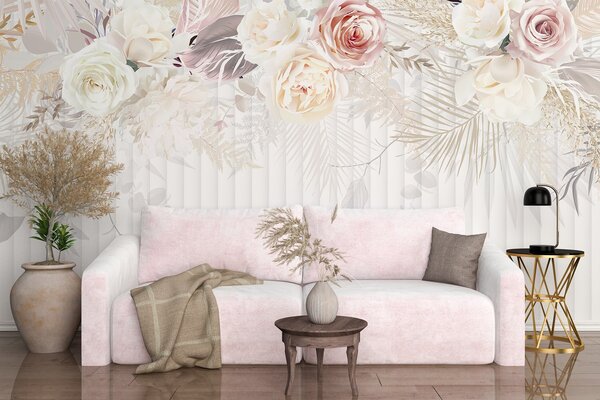 Tapet Un aranjament floral cu trandafiri roz și albi, frunze de palmier și alte frunze, Fototapet Flori, Fototapet Trandafiri, w08425 : Uwalls.ro