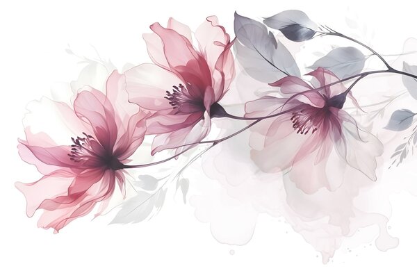 Tapet Delicate flori transparente roz și gri cu petale moi, neclare pe fundal alb, Fototapet pădure, Fototapet copaci, w08429 : Uwalls.ro