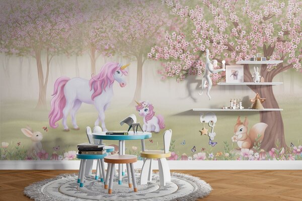 Fototapet Unicorn și o veveriță într-o pădure, Fototapet unicorni, Fototapet populare, w02269 - Tapeko.ro
