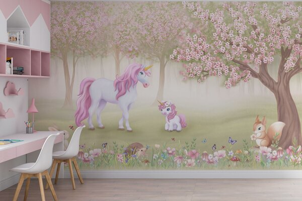 Fototapet Unicorn și o veveriță într-o pădure, Fototapet unicorni, Fototapet populare, w02269 - Tapeko.ro