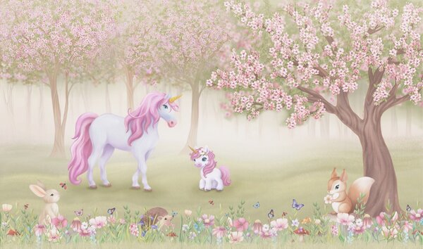 Fototapet Unicorn și o veveriță într-o pădure, Fototapet unicorni, Fototapet populare, w02269 - Tapeko.ro
