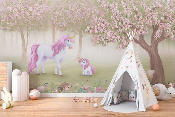 Fototapet Unicorn și o veveriță într-o pădure, Fototapet unicorni, Fototapet populare, w02269 - Tapeko.ro