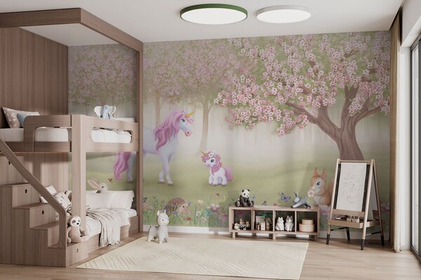 Fototapet Unicorn și o veveriță într-o pădure, Fototapet unicorni, Fototapet populare, w02269 - Tapeko.ro