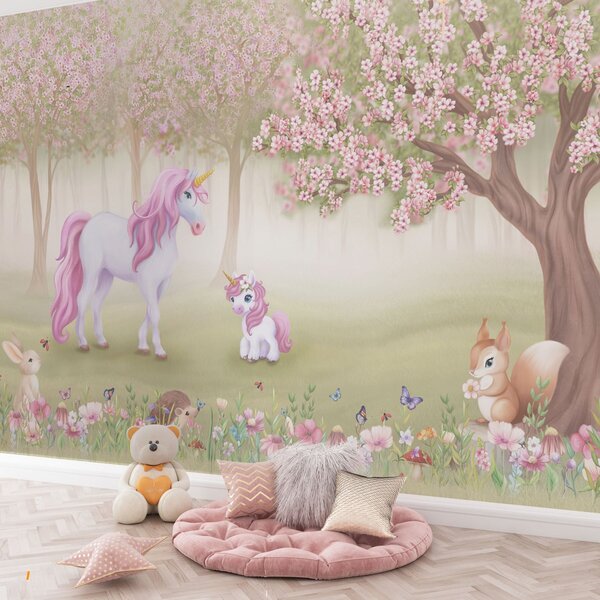Fototapet Unicorn și o veveriță într-o pădure, Fototapet unicorni, Fototapet populare, w02269 - Tapeko.ro