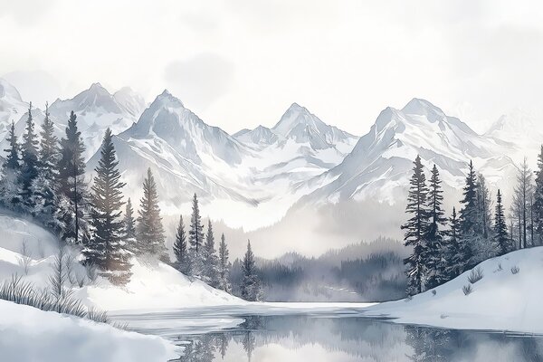 Fototapet Lac înconjurat de zăpadă și munți, Fototapet natură, Fototapet populare, w02357 - Tapeko.ro