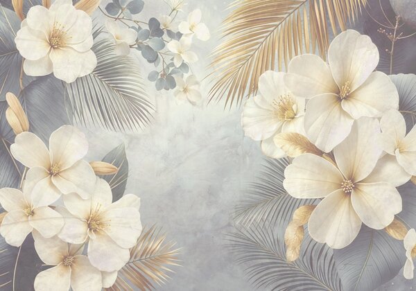 Tapet Un model floral tropical cu flori mari de hibiscus albe și galbene, frunze de palmier în tonuri gri și, Fototapet Natură, w08445 : Uwalls.ro