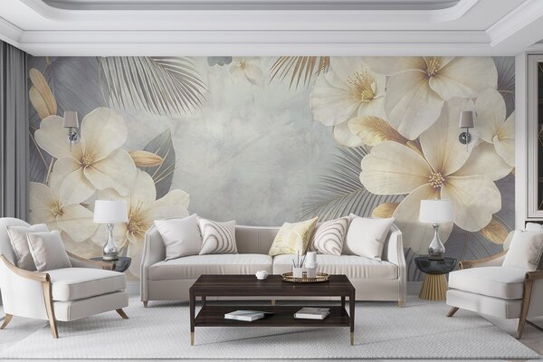 Tapet Un model floral tropical cu flori mari de hibiscus albe și galbene, frunze de palmier în tonuri gri și, Fototapet Natură, w08445 : Uwalls.ro