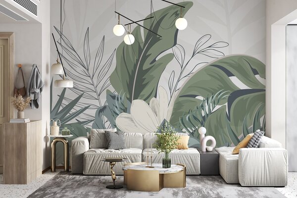 Fototapet Frunze tropicale în nuanțe delicate de pastel, Fototapet natură, Fototapet populare, w01550 - Tapeko.ro