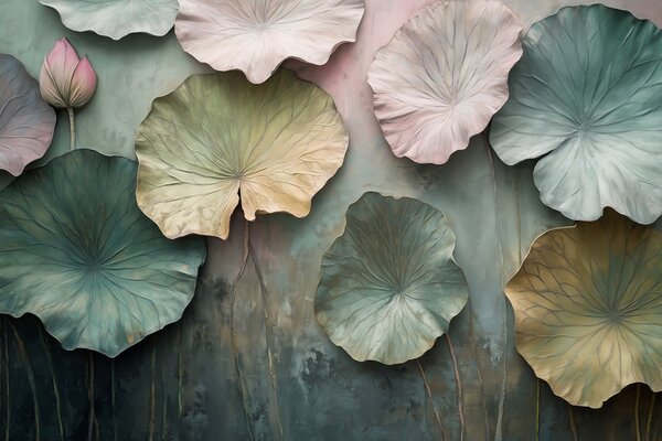 Tapet frunze de lotus în stil pastel cu un efect de volum, Fototapet Flori, w02441 : Uwalls.ro