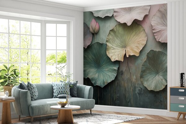 Tapet frunze de lotus în stil pastel cu un efect de volum, Fototapet Flori, w02441 : Uwalls.ro