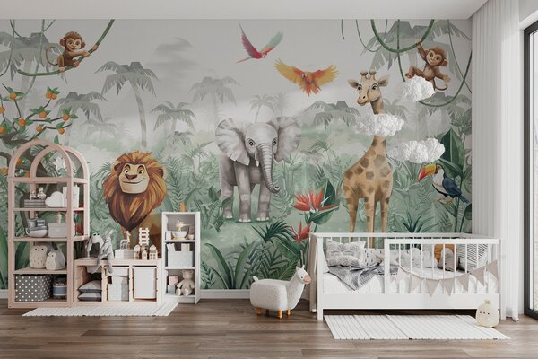 Tapet Design de junglă pentru copii cu leu, girafă, elefant și papagali, Fototapet Animale, w02440 : Uwalls.ro