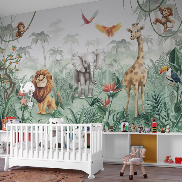 Tapet Design de junglă pentru copii cu leu, girafă, elefant și papagali, Fototapet Animale, w02440 : Uwalls.ro