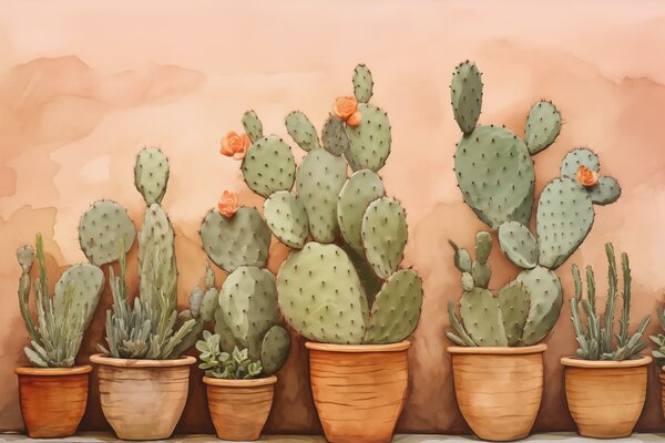 Fototapet Grup de cactus în ghivece, Fototapet natură, Fototapet populare, w02434 - Tapeko.ro