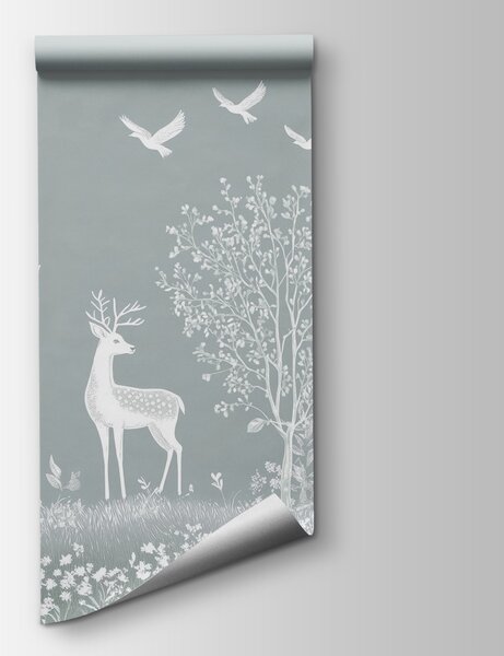 Fototapet Cerb alb și păsări într-o pădure, Fototapet natură, Fototapet populare, w02444v2 - Tapeko.ro