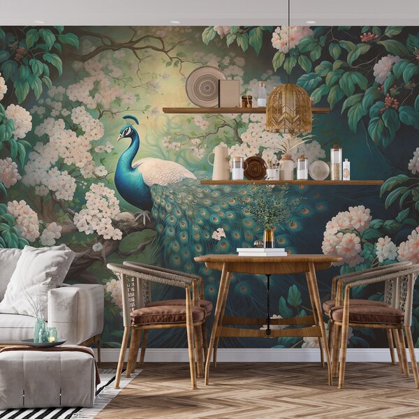 Tapet Păun frumos pe ramuri printre flori mici, Fototapet Animale, Fototapet Peacocks, w08475 : Uwalls.ro