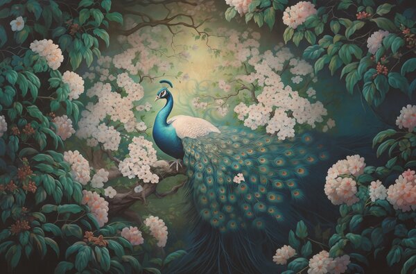 Tapet Păun frumos pe ramuri printre flori mici, Fototapet Animale, Fototapet Peacocks, w08475 : Uwalls.ro