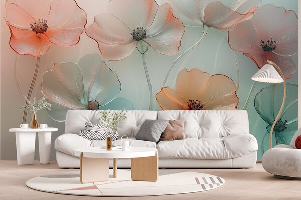Tapet flori de mac imitație de sticlă în culori delicate, Fototapet Acuarelă, w02519 : Uwalls.ro