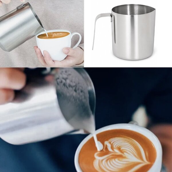 Cana inox pentru lapte cu maner ergonomic, recipient pentru lapte, cafea, cappuccino, spumare lapte, 500 ml