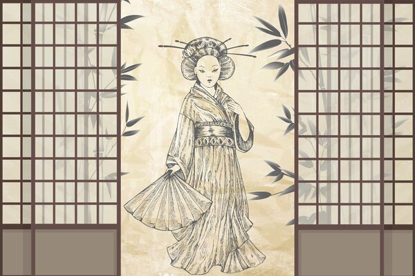 Fototapet Desenul unei femei în kimono, Fototapet acuarelă, Fototapet populare, w02535 - Tapeko.ro