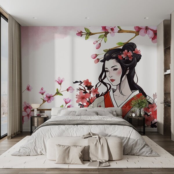 Fototapet Femeie într-un kimono cu flori, Fototapet natură, Fototapet populare, w02537 - Tapeko.ro