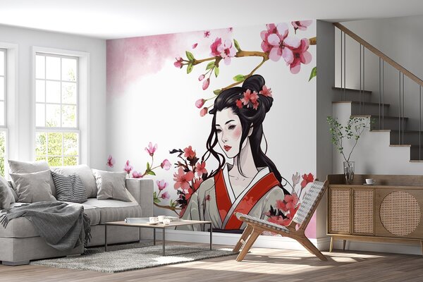 Fototapet Femeie într-un kimono cu flori, Fototapet natură, Fototapet populare, w02537 - Tapeko.ro