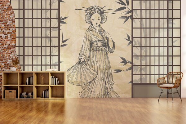Fototapet Desenul unei femei în kimono, Fototapet acuarelă, Fototapet populare, w02535 - Tapeko.ro