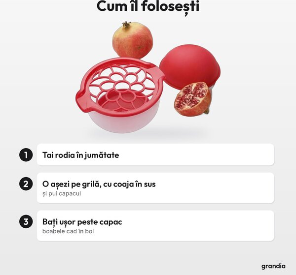 Dispozitiv pentru curățat rodii, cu bol, grilă și capac