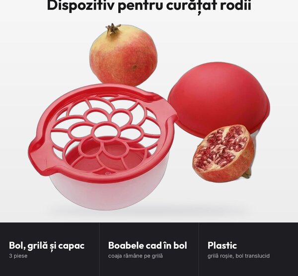 Dispozitiv pentru curățat rodii, cu bol, grilă și capac