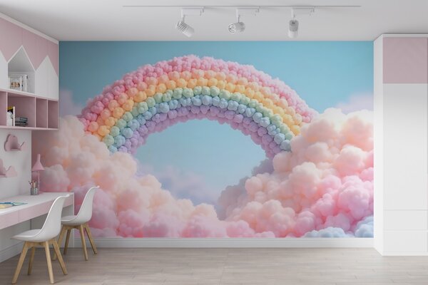 Tapet Curcubeu pufos pe nori, pictat, Fototapet Pentru Copii, Rainbow pentru copiilor, w02615 : Uwalls.ro