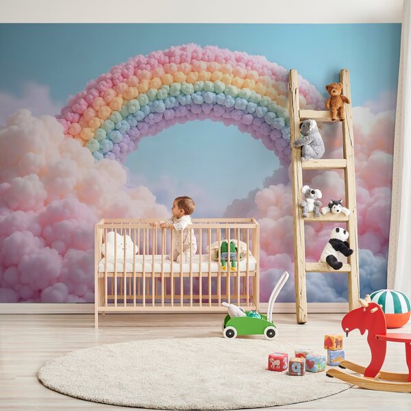 Tapet Curcubeu pufos pe nori, pictat, Fototapet Pentru Copii, Rainbow pentru copiilor, w02615 : Uwalls.ro