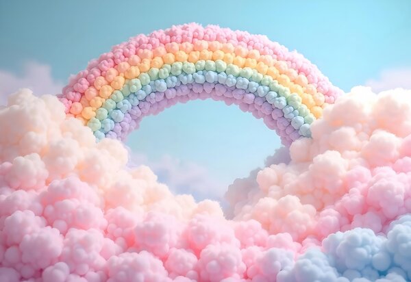 Tapet Curcubeu pufos pe nori, pictat, Fototapet Pentru Copii, Rainbow pentru copiilor, w02615 : Uwalls.ro