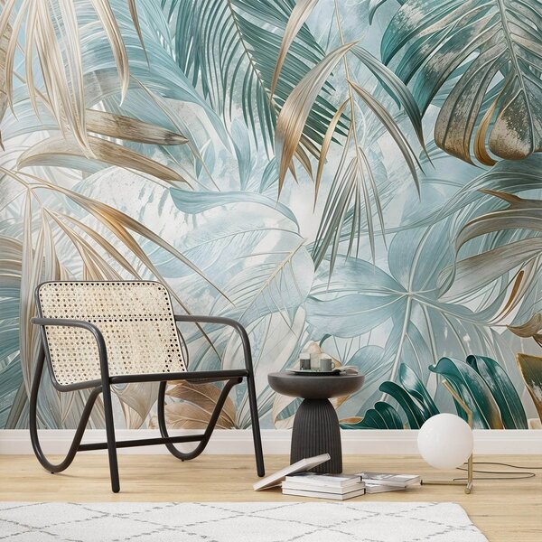 Tapet Un imprimeu floral abstract tropical cu frunze mari de palmier în nuanțe de, Fototapet Natură, Fototapet Foi de palmier, w08532 : Uwalls.ro