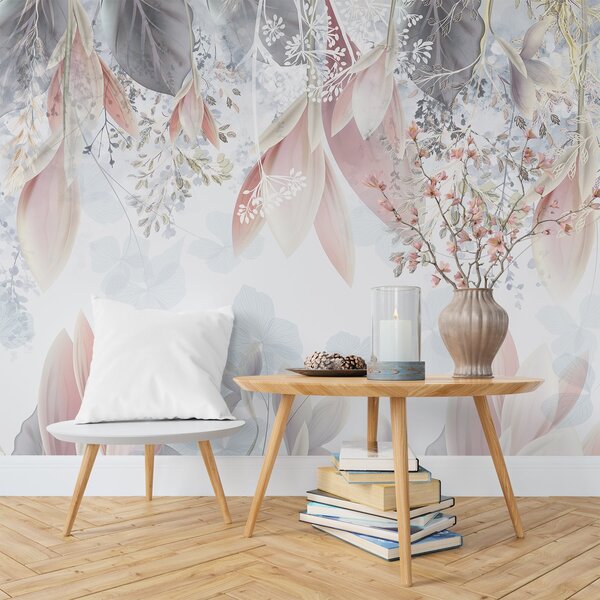 Tapet Imprimeu floral moale, în culori pastelate, cu petale delicate și frunze în nuanțe de roz, alb și gri, Fototapet Flori, w08538 : Uwalls.ro
