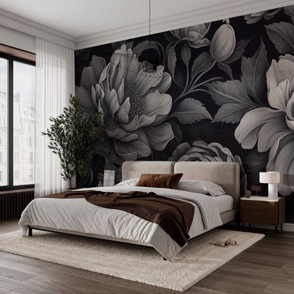 Fototapet Model floral alb-negru, Fototapet flori, Fototapet populare, w02575 - Tapeko.ro