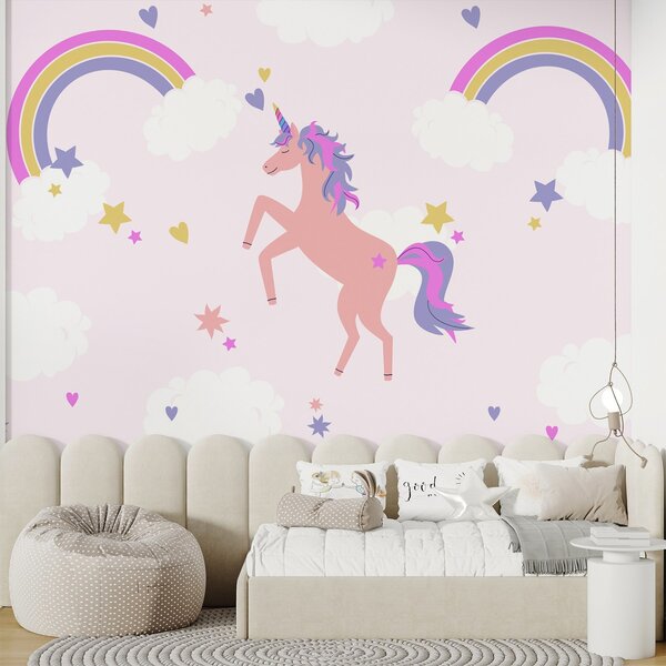 Fototapet Unicorn cu curcubee și stele, Fototapet unicorni, Fototapet populare, w02671 - Tapeko.ro