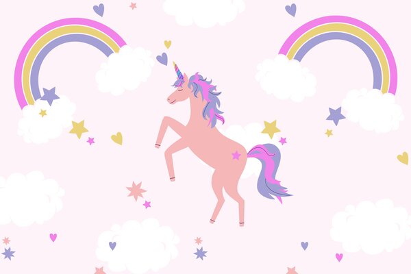 Fototapet Unicorn cu curcubee și stele, Fototapet unicorni, Fototapet populare, w02671 - Tapeko.ro