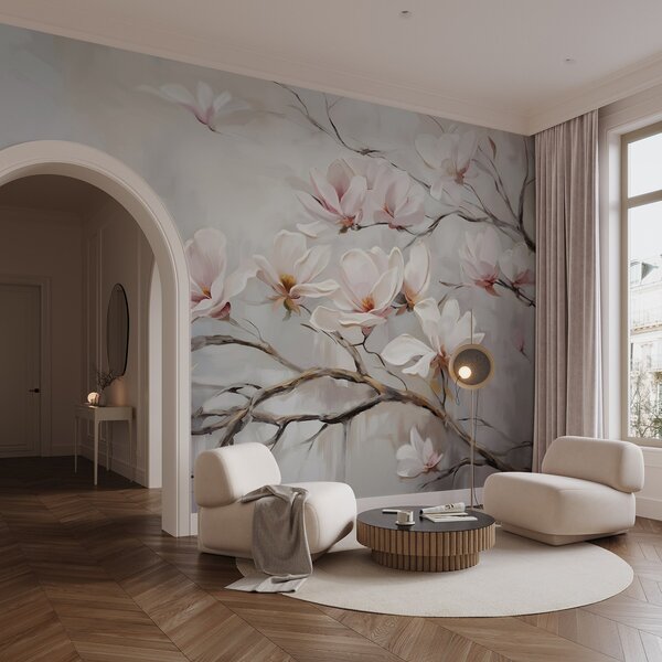 Tapet Delicate flori de magnolie roz care înfloresc pe ramuri de copaci goale pe un fundal moale, cețos, Fototapet Flori, w08589 : Uwalls.ro