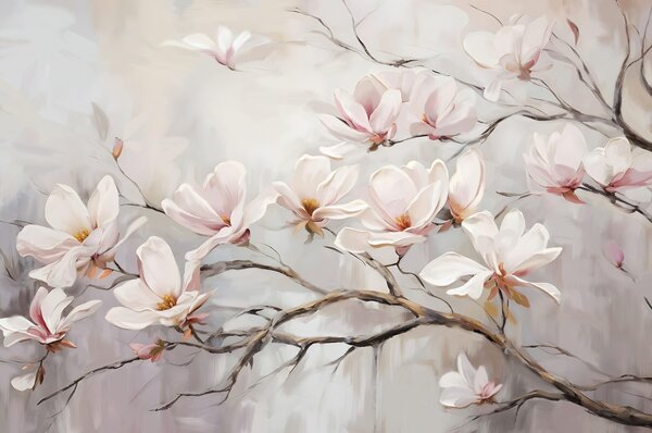 Tapet Delicate flori de magnolie roz care înfloresc pe ramuri de copaci goale pe un fundal moale, cețos, Fototapet Flori, w08589 : Uwalls.ro