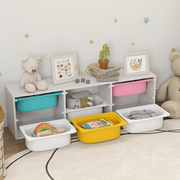 AIYAPLAY Raft pentru Jucării din Lemn cu 6 Recipiente Detașabile din Plastic, Multicolor | Aosom Romania